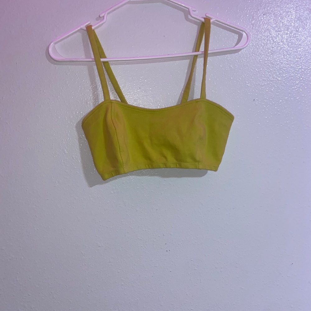 yellow bandue top with designed back